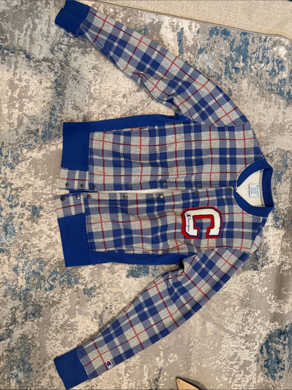 Champion Blue, Gray and Red Plaid Snap-Front Cardigan